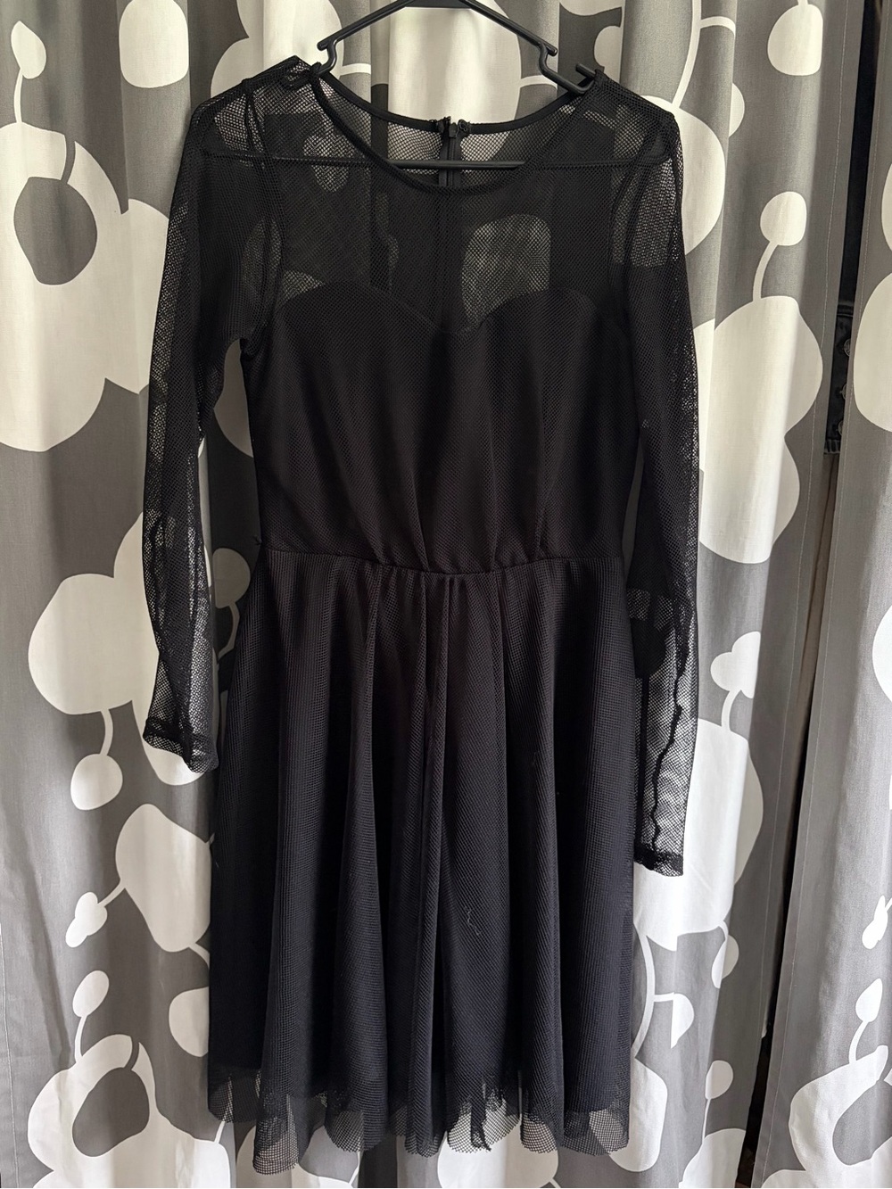 Eva Franco Black Mesh Long Sleeve Fit-and-Flare Dress